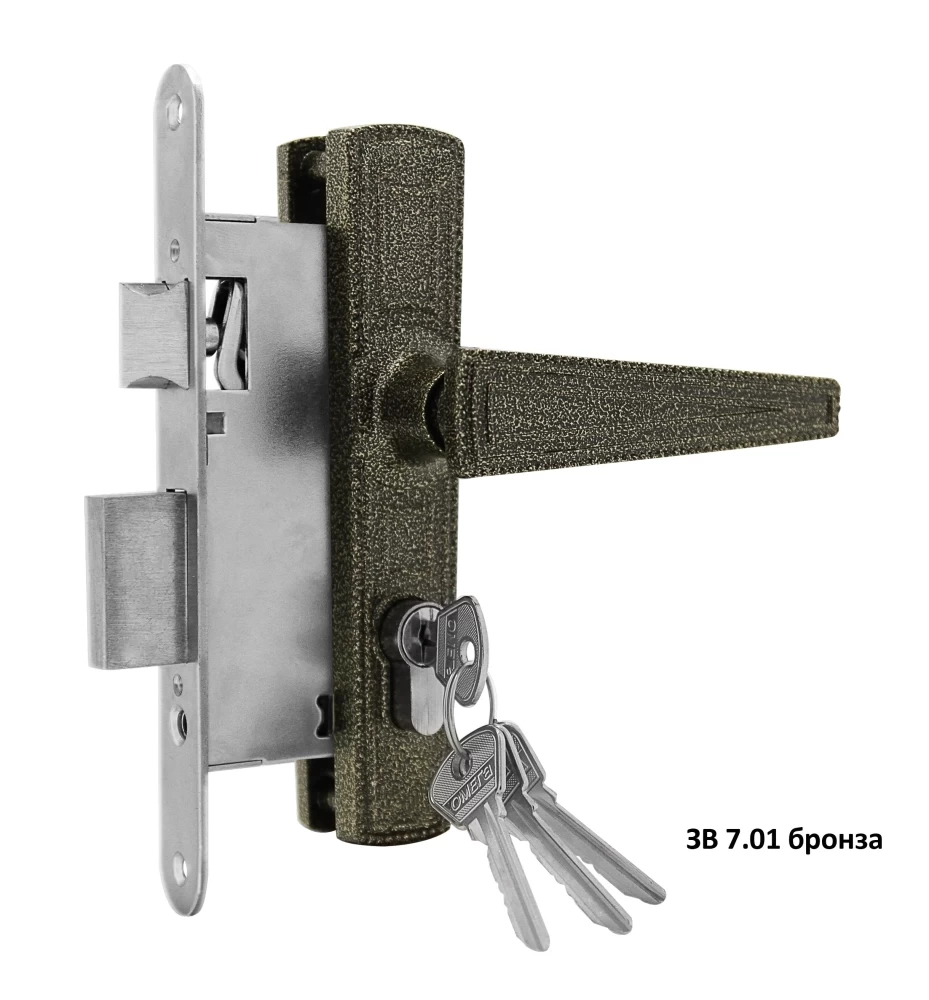 Фото Замок врезной цилиндровый с защёлкой в комплекте с ручкой ЗВ7.01 (бронза), 4 кл.